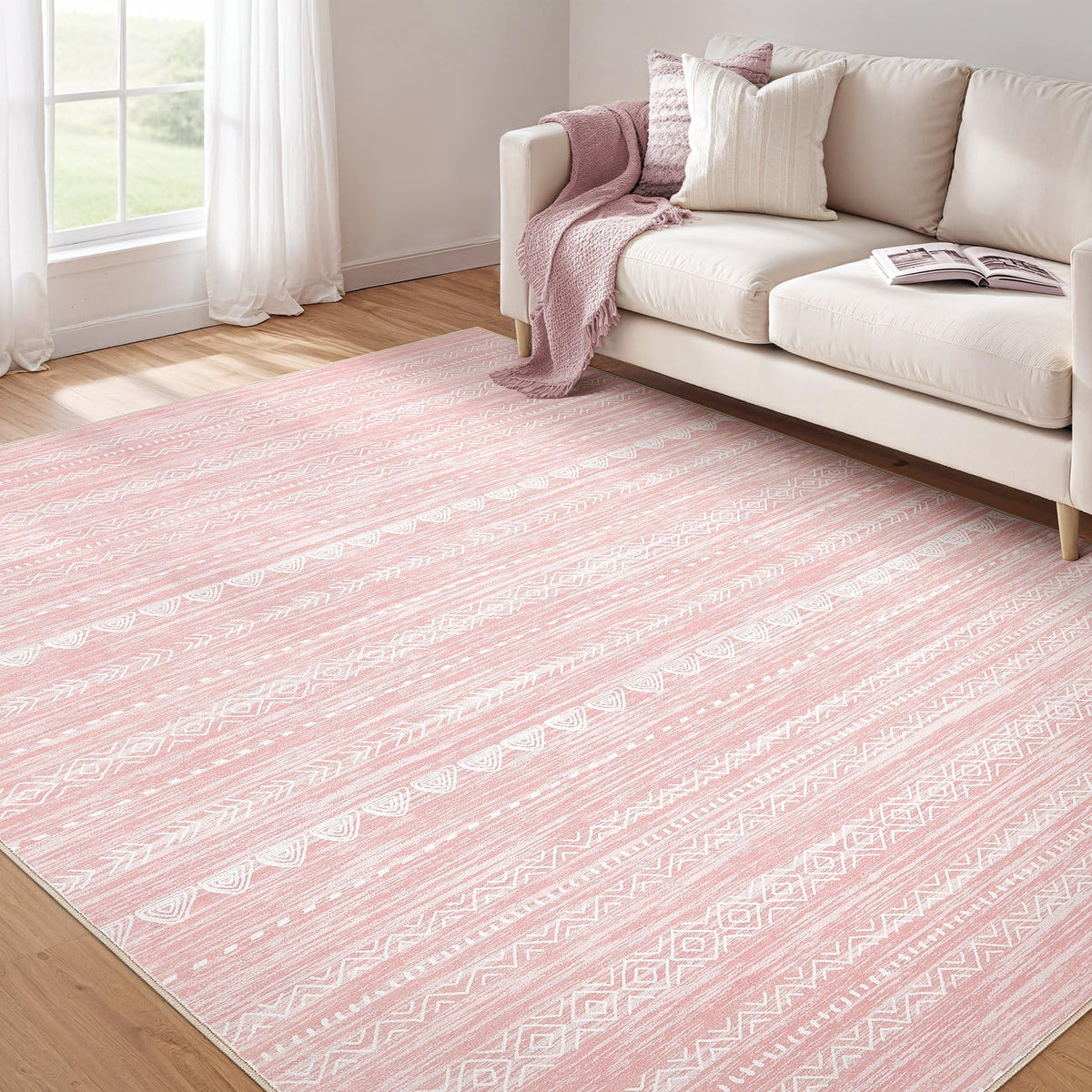 Nakagishi pink rug 5x7 shows soft, cozy texture for bedrooms and living areas.