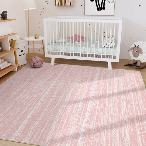Nakagishi pink rug features a boho pattern to brighten spaces.