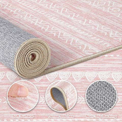 Nakagishi pink rug enhances living room decor with a boho touch.