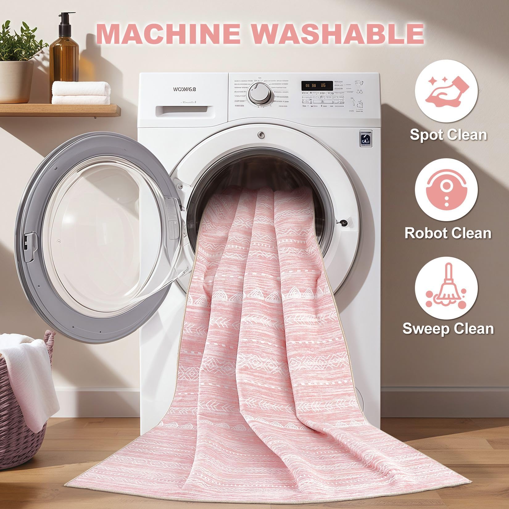 Nakagishi pink rug with non-slip backing improves safety on smooth floors.
