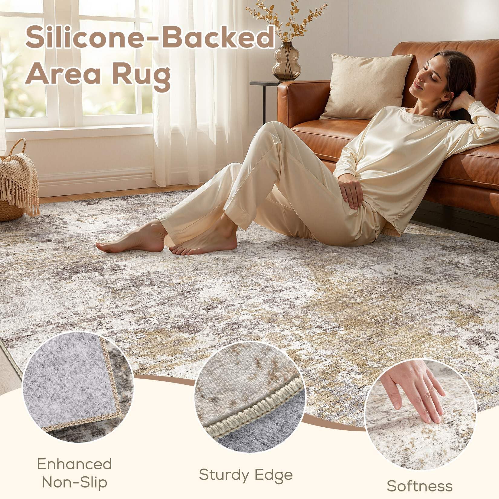 Nakagishi washable area rug close-up shows stain-resistant fibers for quick cleanups.