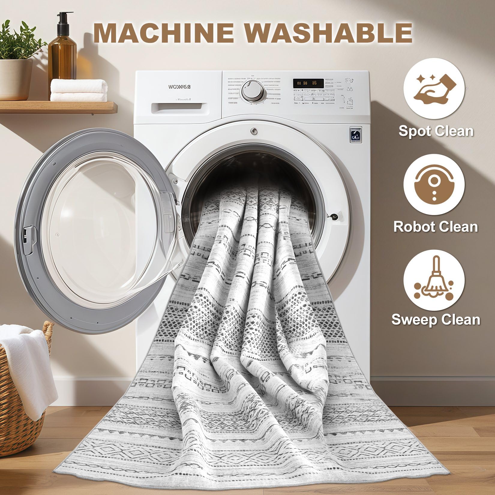 Nakagishi washable grey rug demonstrating easy care and practical cleanliness.