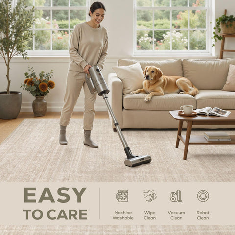 Nakagishi washable beige rug with non-slip backing for safety.