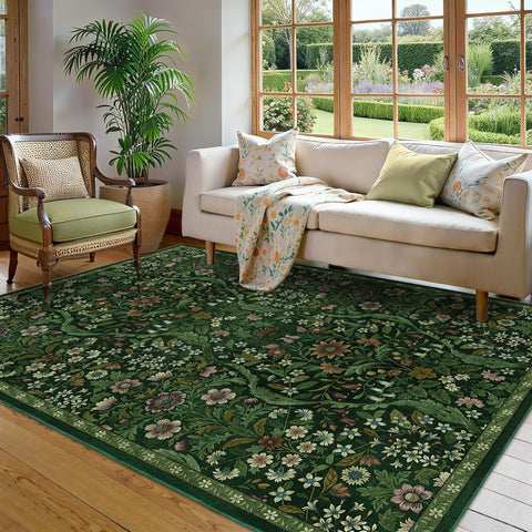 NakedCloud 5x7 dark green floral rug in a dining area setup