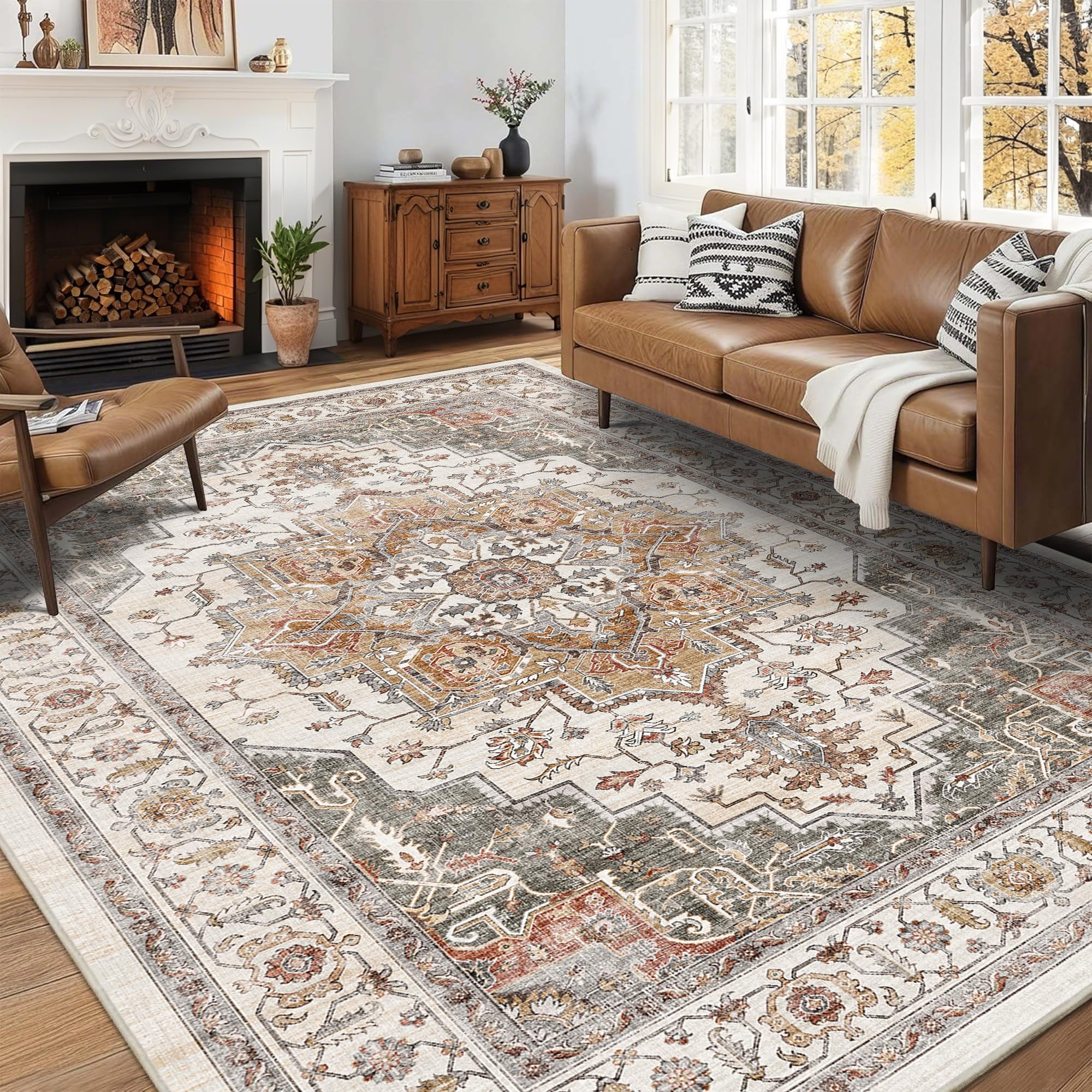 NakedCloud vintage boho area rug with medallion pattern adds warm focal point to living rooms.