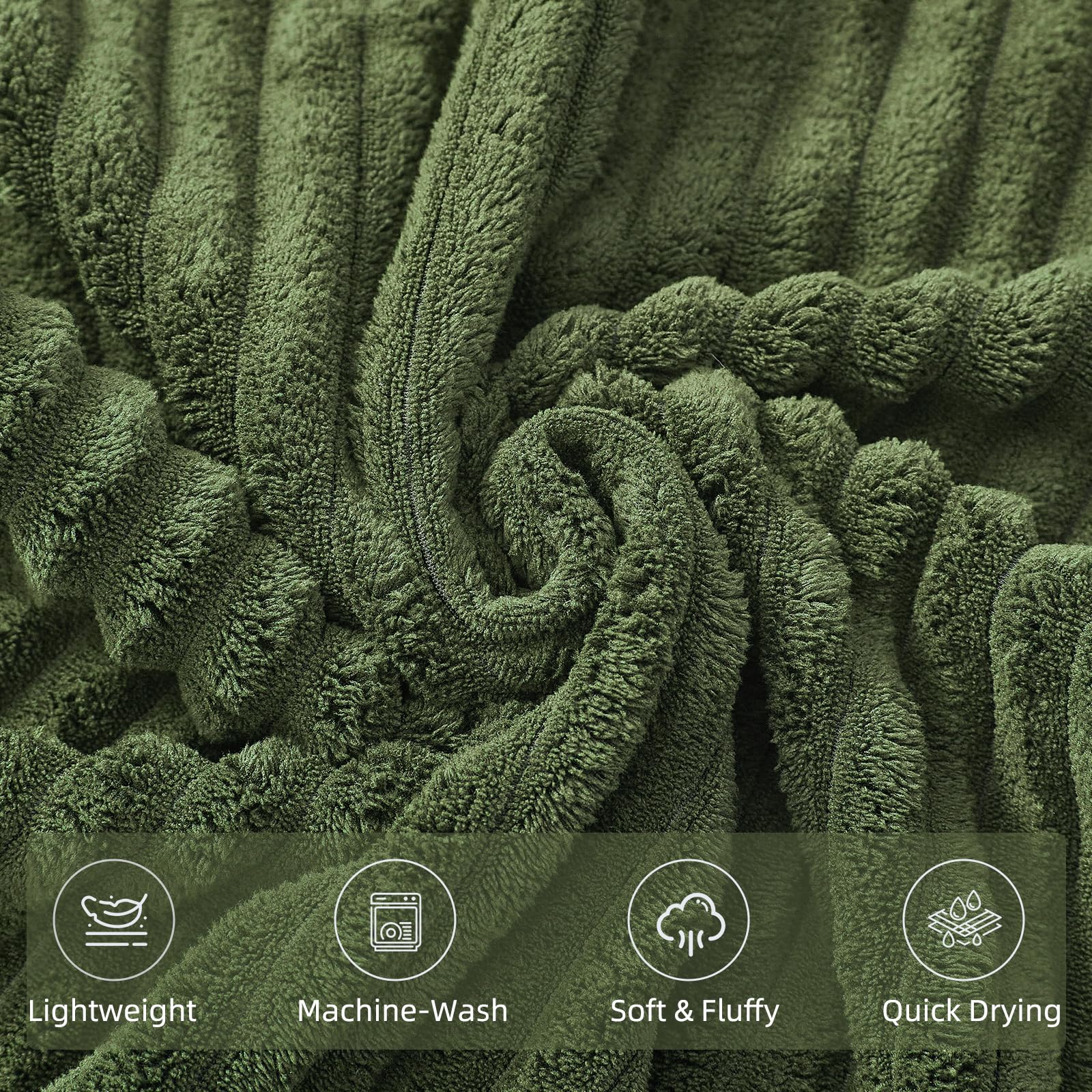 NALIVO close up on double-stitched hems in olive green towels.