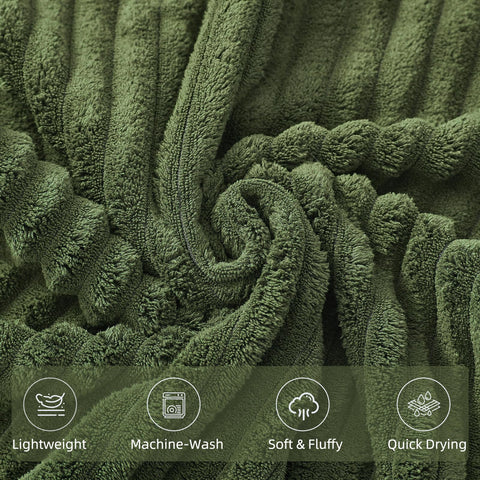 NALIVO close up on double-stitched hems in olive green towels.
