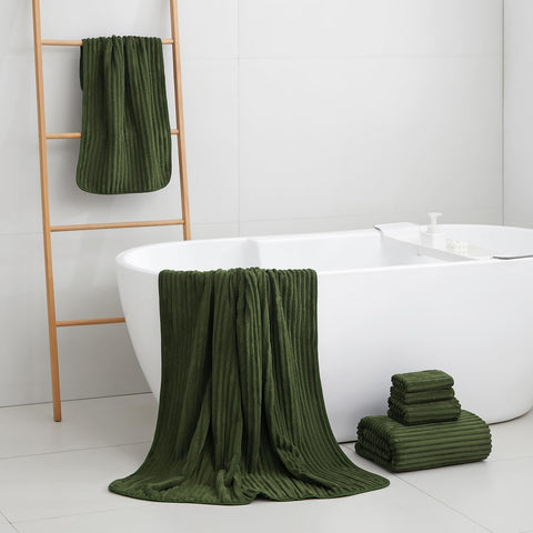 NALIVO olive green towels rolled for display showing plush microfiber comfort.