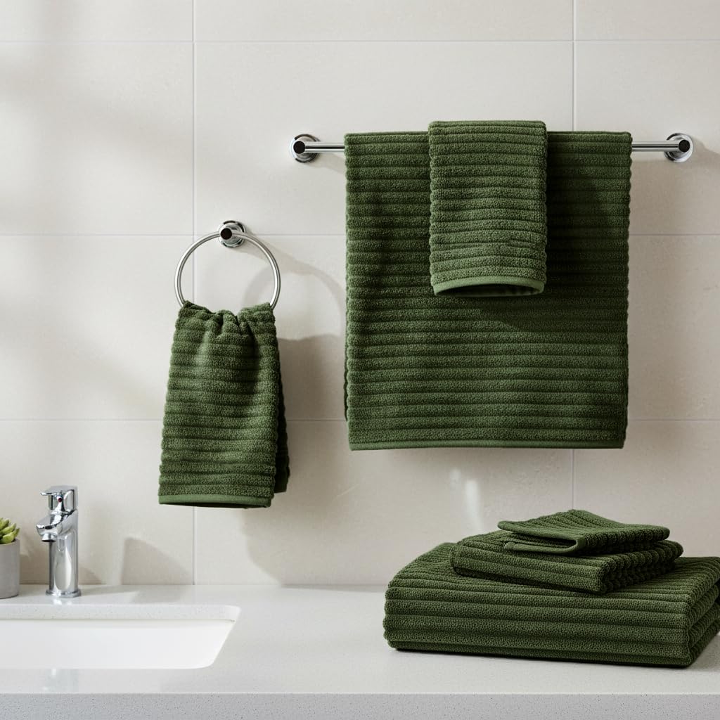NALIVO olive green washcloths ready for quick bathroom cleaning and drying.