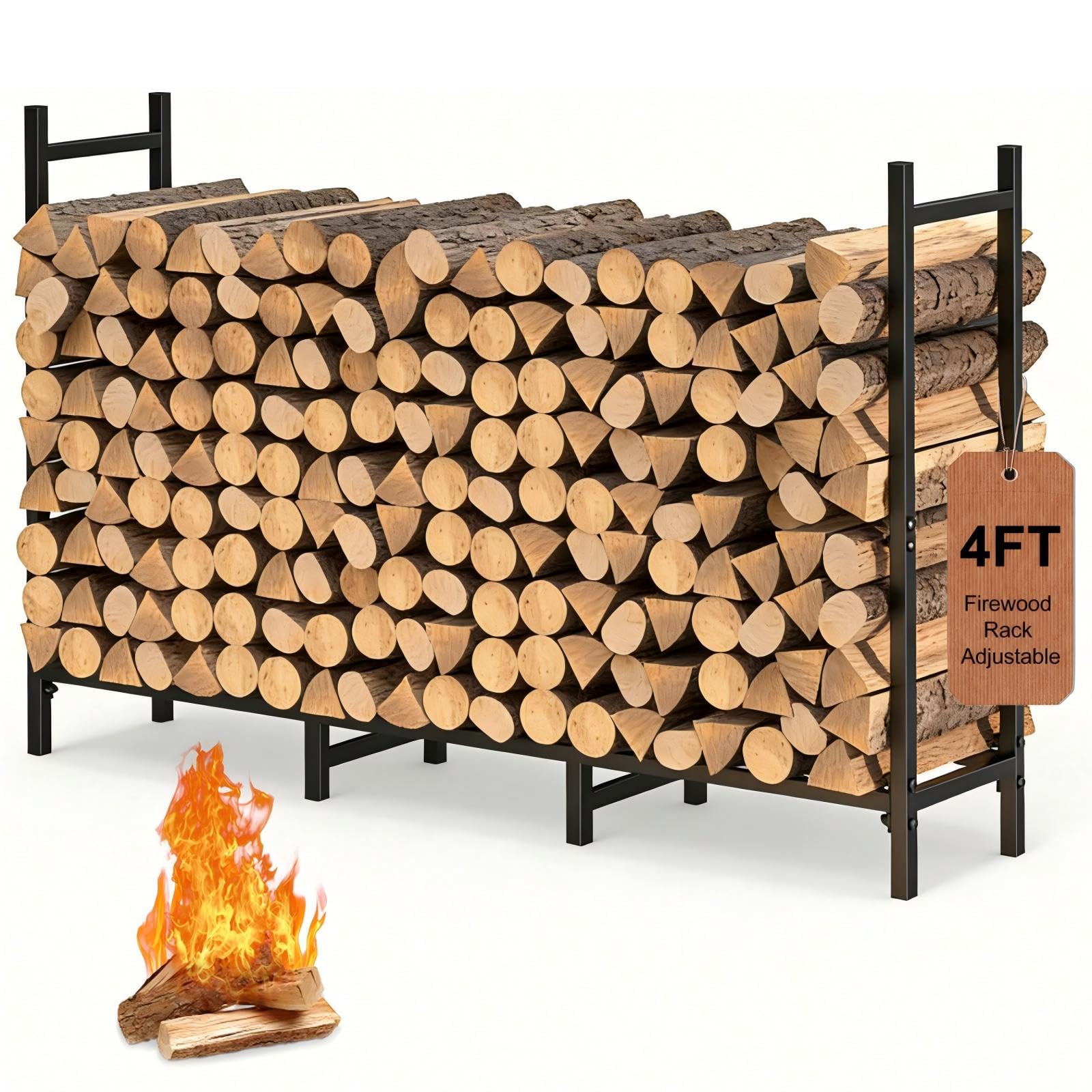 NANANARDOSO 4FT firewood rack outdoors keeps logs neatly stored and dry.