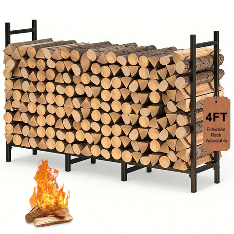 NANANARDOSO 4FT firewood rack outdoors keeps logs neatly stored and dry.