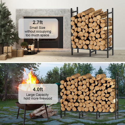 NANANARDOSO adjustable wood storage stand indoors beside a fireplace.