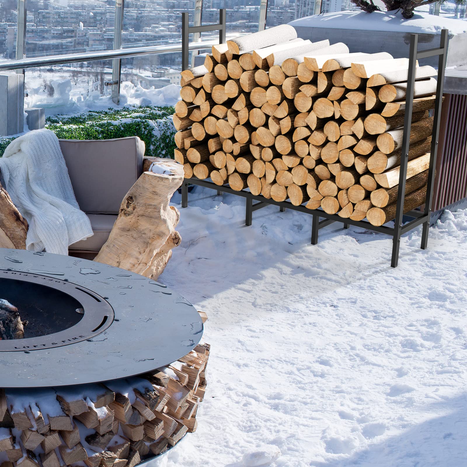 NANANARDOSO firewood rack versatile for indoor or outdoor use.