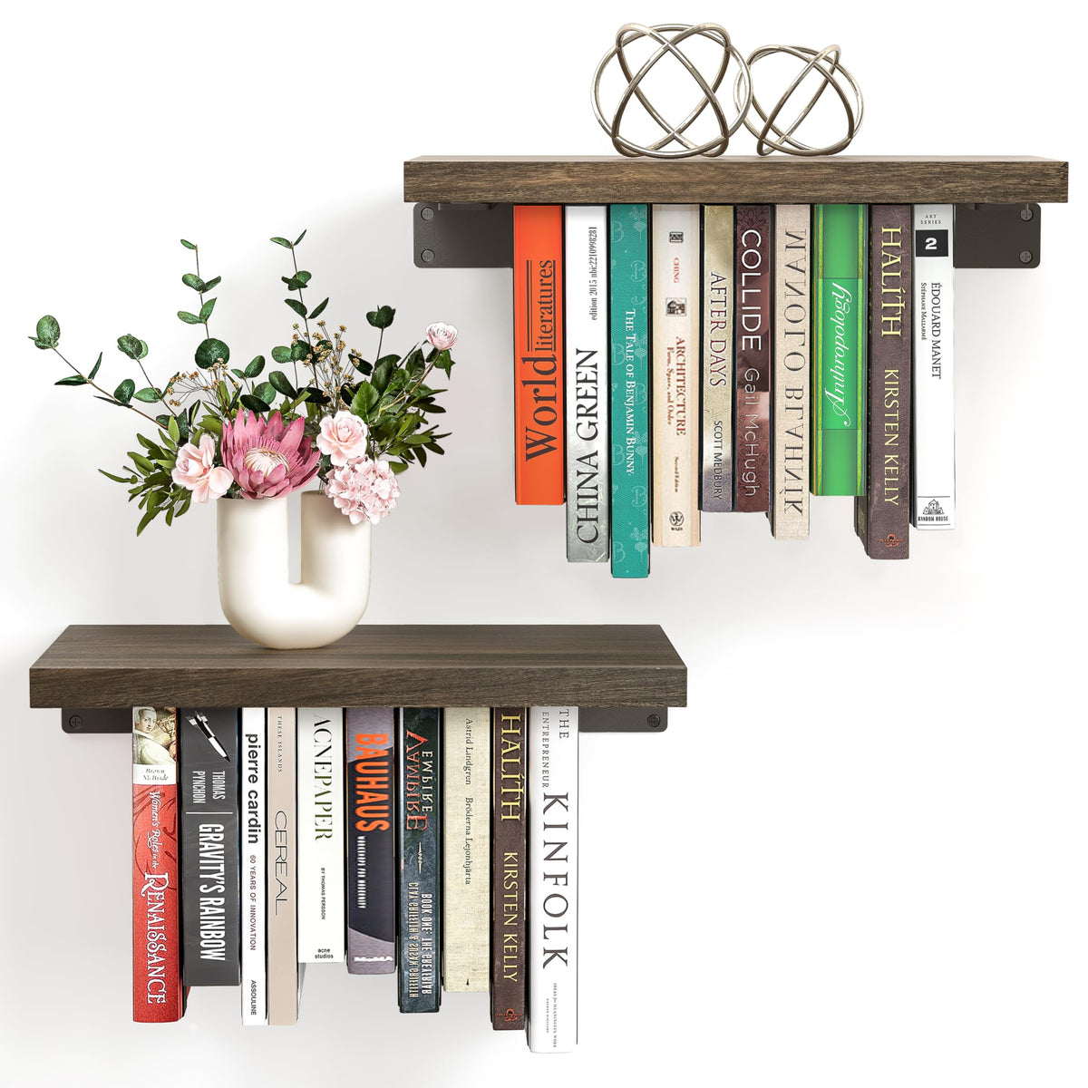 NANATI 2-set floating bookshelf on wall showcasing paulownia wood for space-saving display