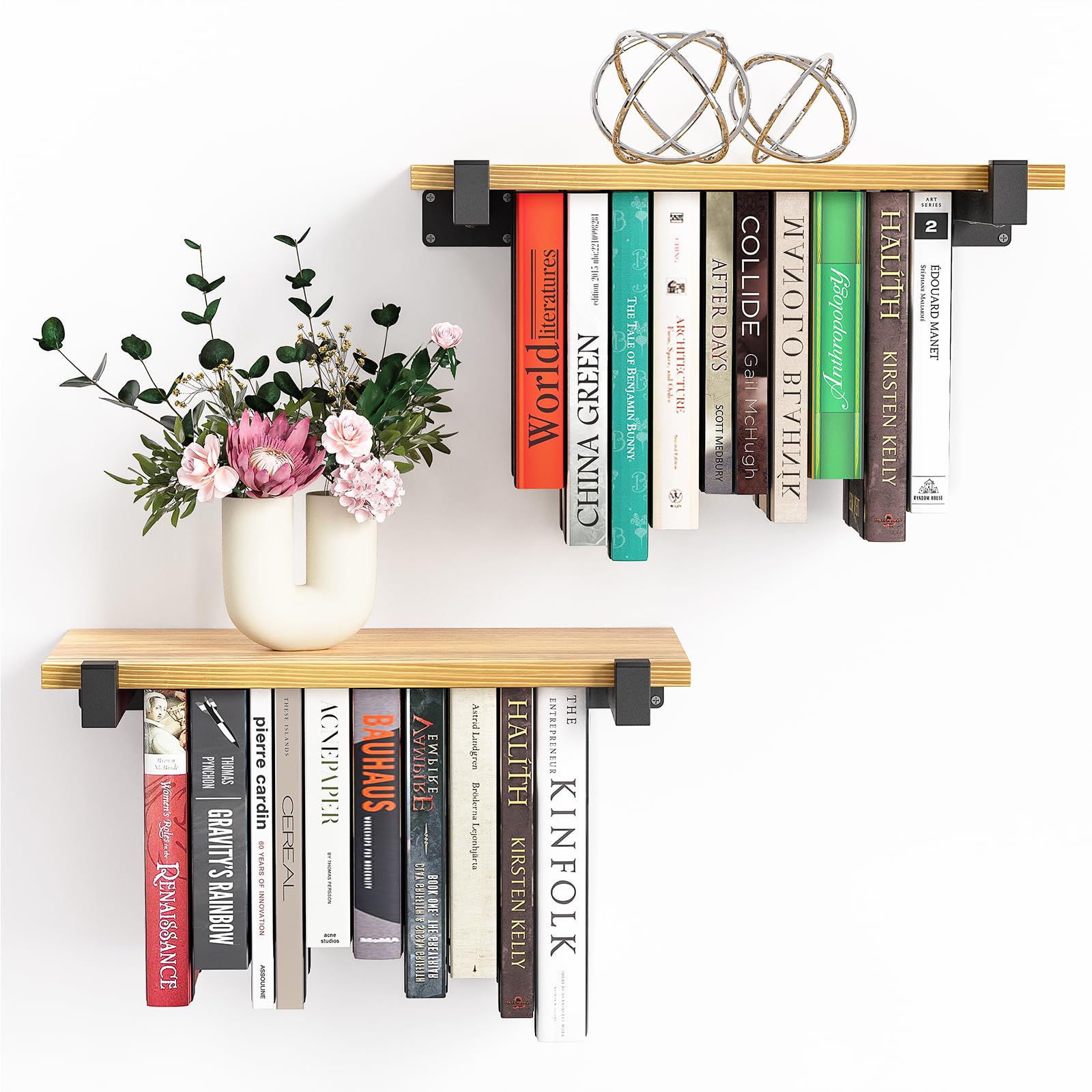 NANATI 2-pack floating shelves in pine wood save space on walls.