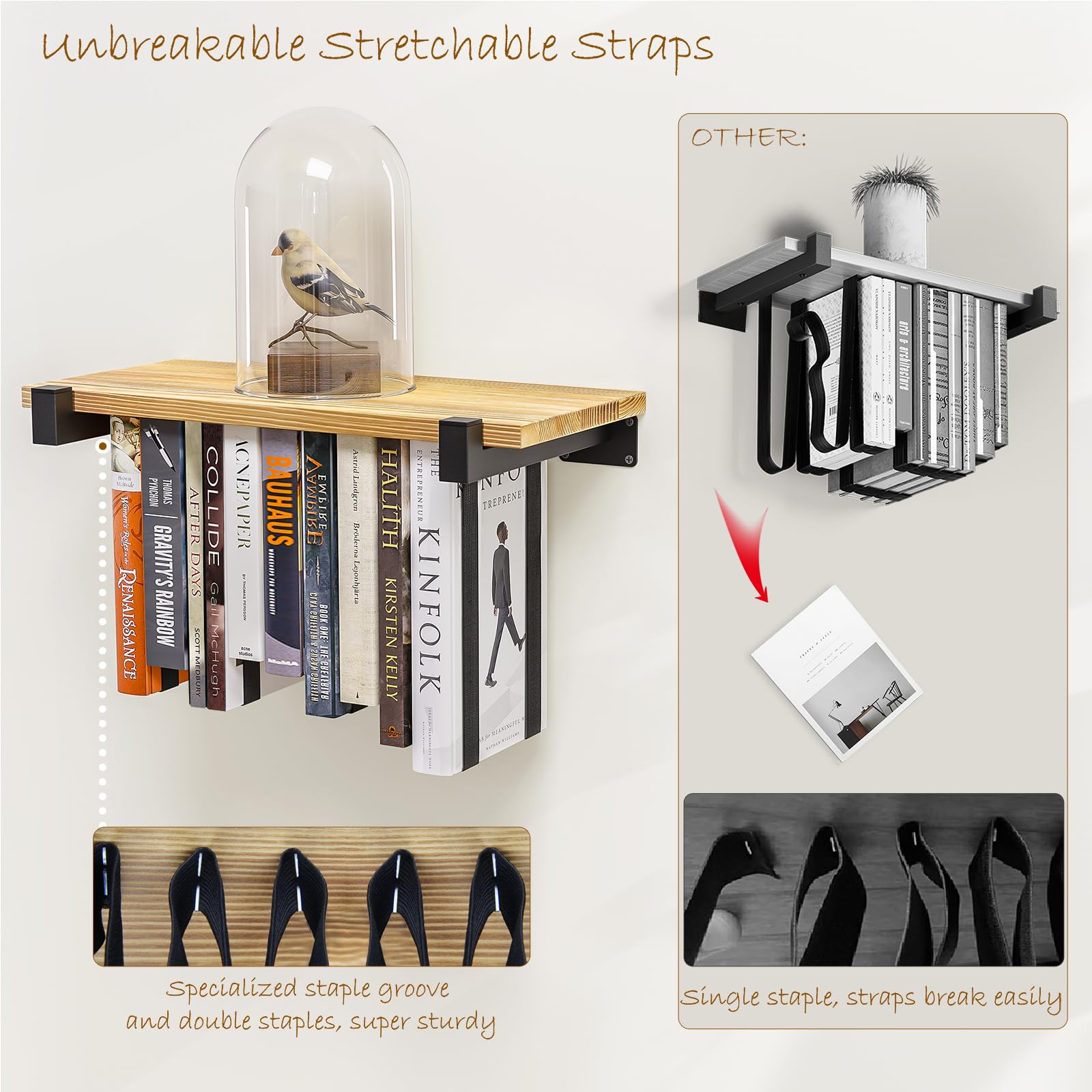 NANATI elastic-band system provides stable support for loaded books.
