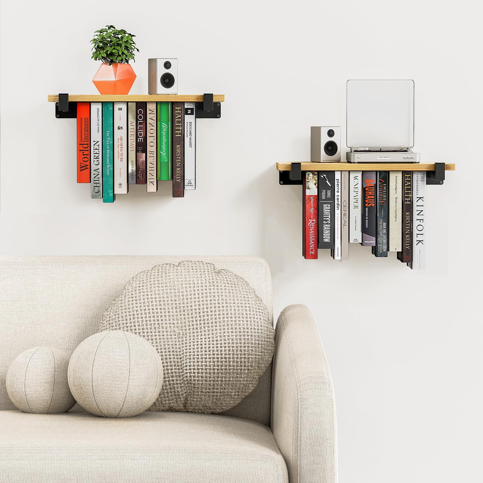 NANATI hanging wall shelves with iron supports for a clean display.