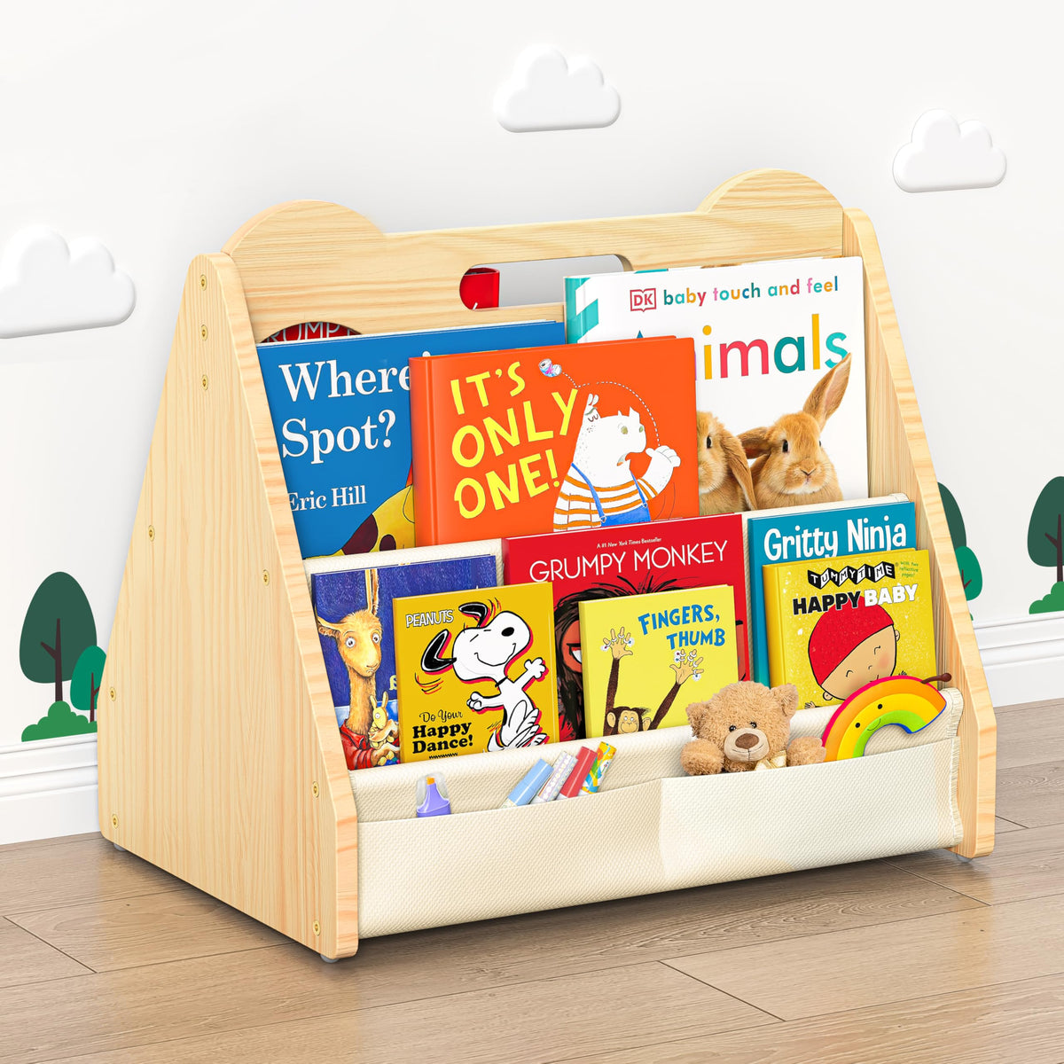 NANATI solid pine wood bookshelf, double-sided display for kids' books and toys, sturdy.