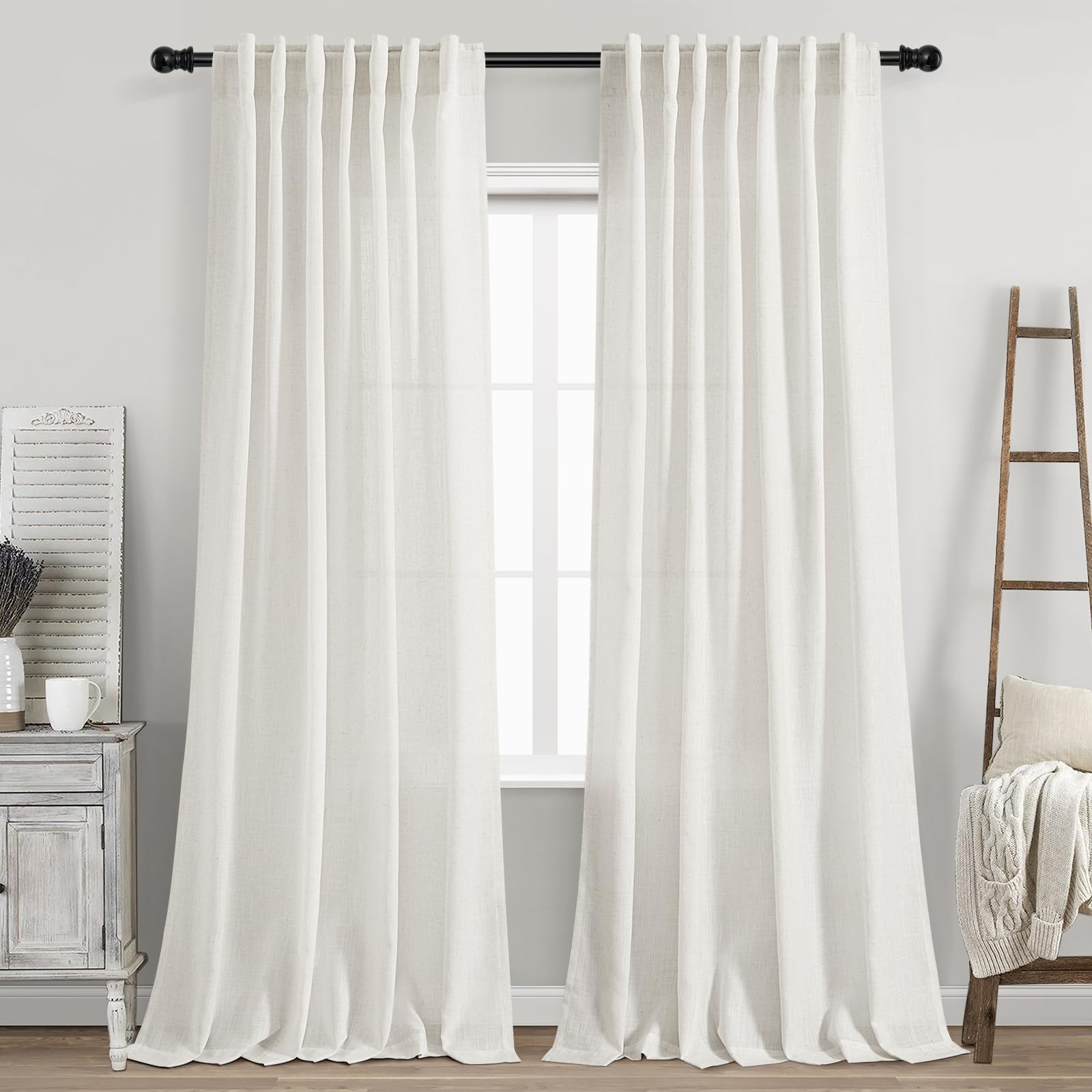 Nanspring beige white linen curtains 84 inch back tab and rod pocket options for versatile hanging.