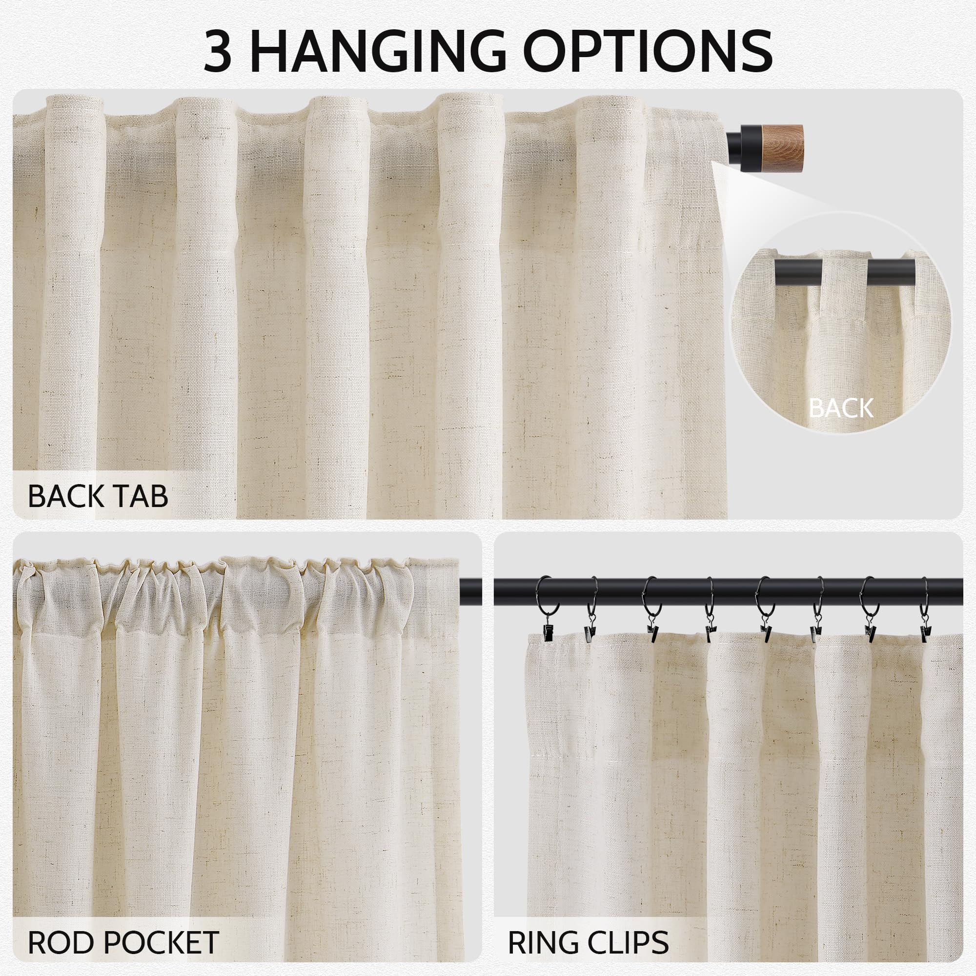 Nanspring Birch Beige Linen Curtains back-tab pocket design ready for versatile hanging options
