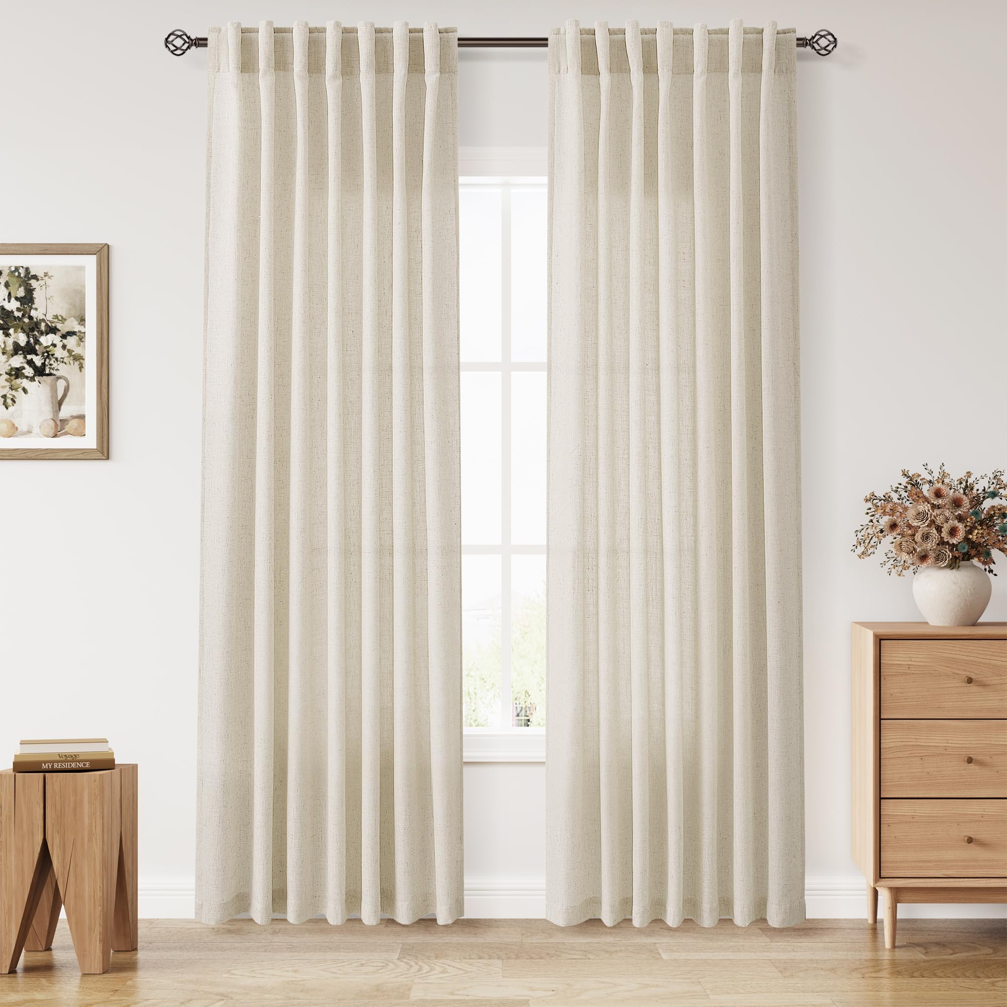 Nanspring Birch Beige Linen Curtains fabric close-up showing textured flax blend for a natural coastal look