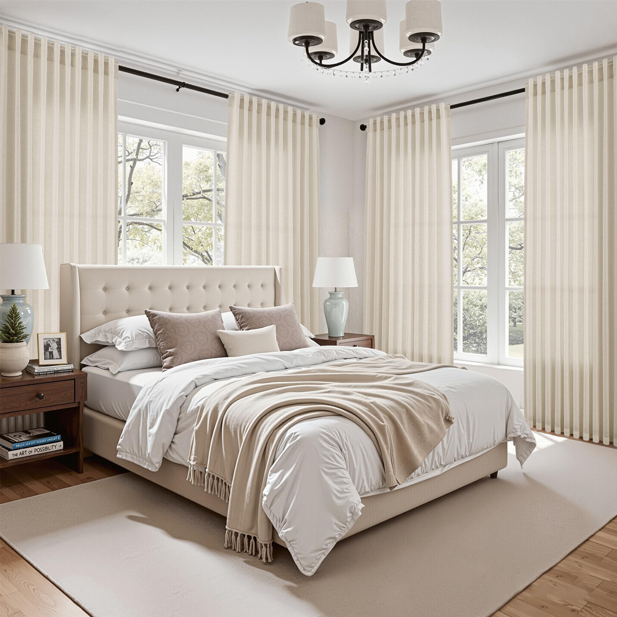 Nanspring Birch Beige Linen Curtains provide privacy while maintaining a bright, airy feel