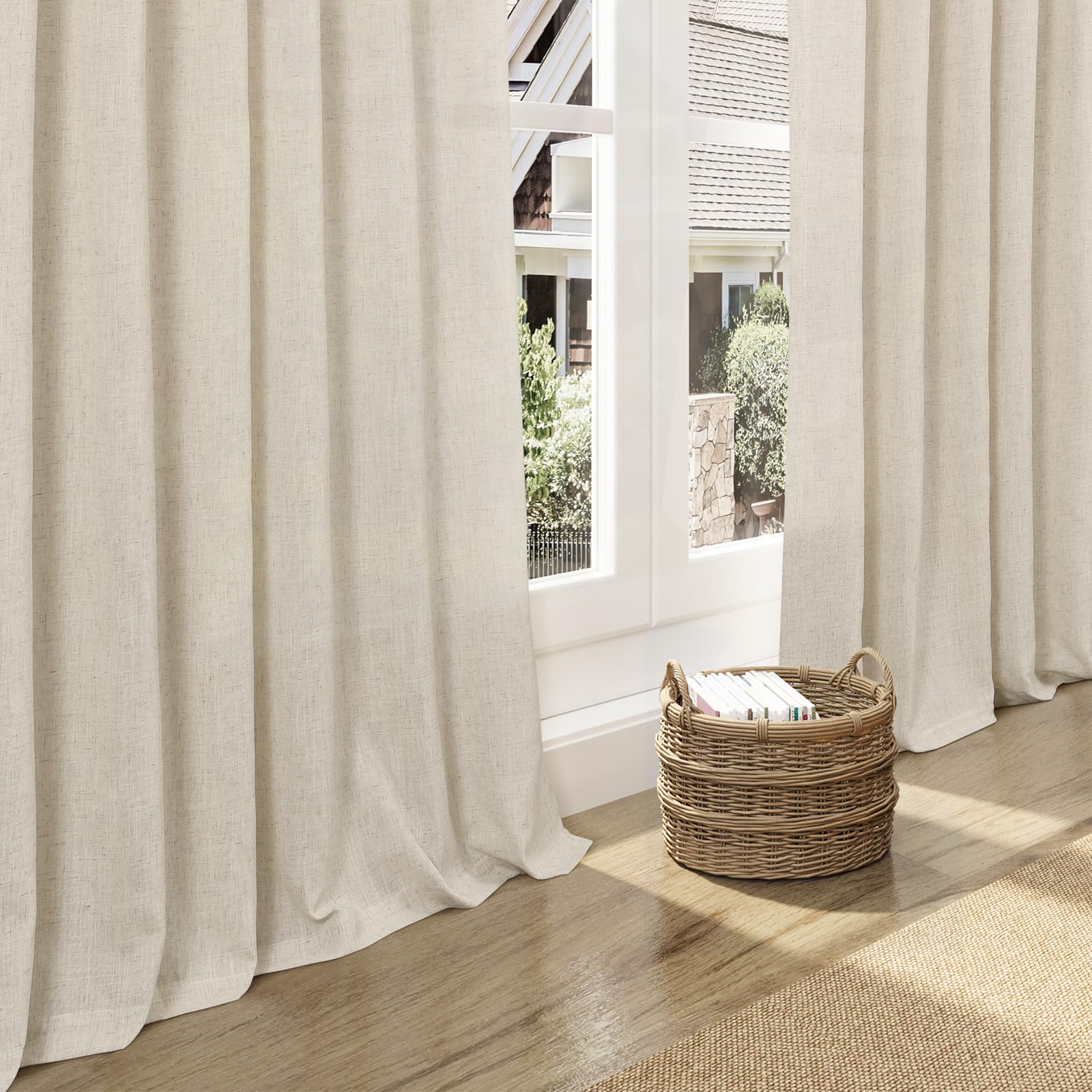 Nanspring Birch Beige Linen Curtains styled with farmhouse decor creating a calm, timeless ambiance