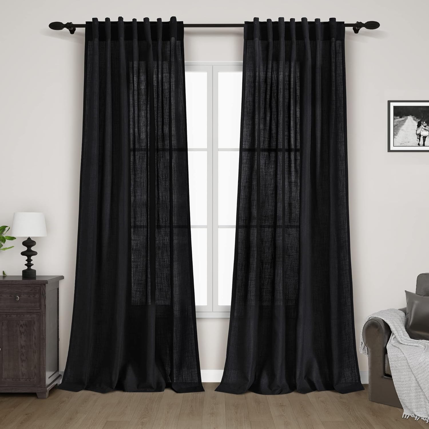 Nanspring black linen curtains with back tab create a tailored, elegant pleated look.