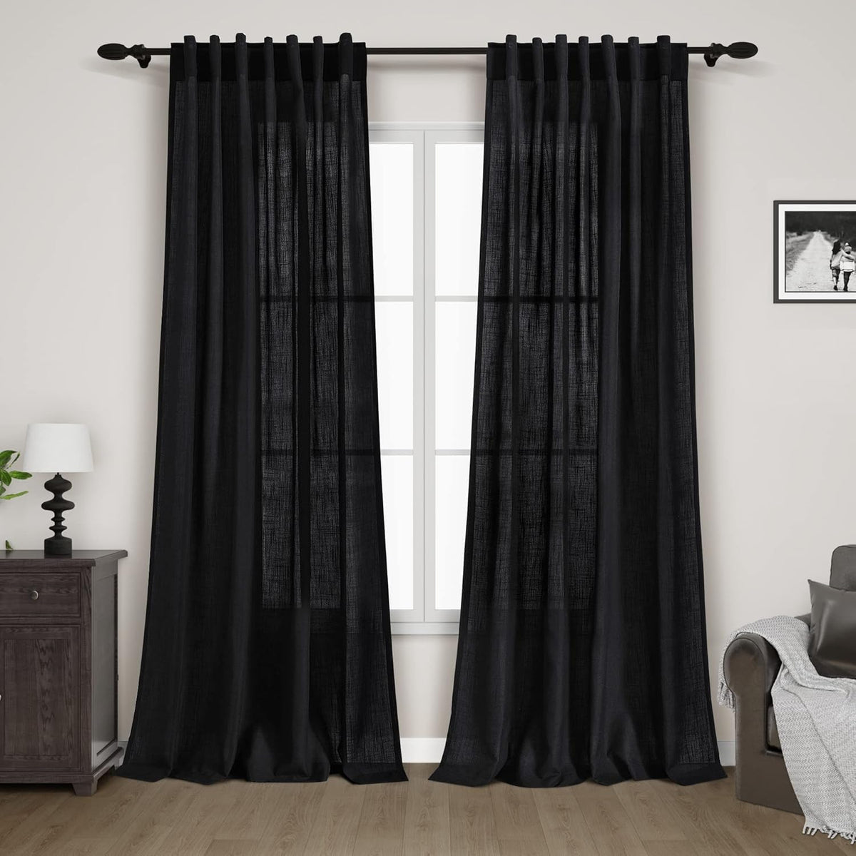 Nanspring black linen curtains with back tab create a tailored, elegant pleated look.