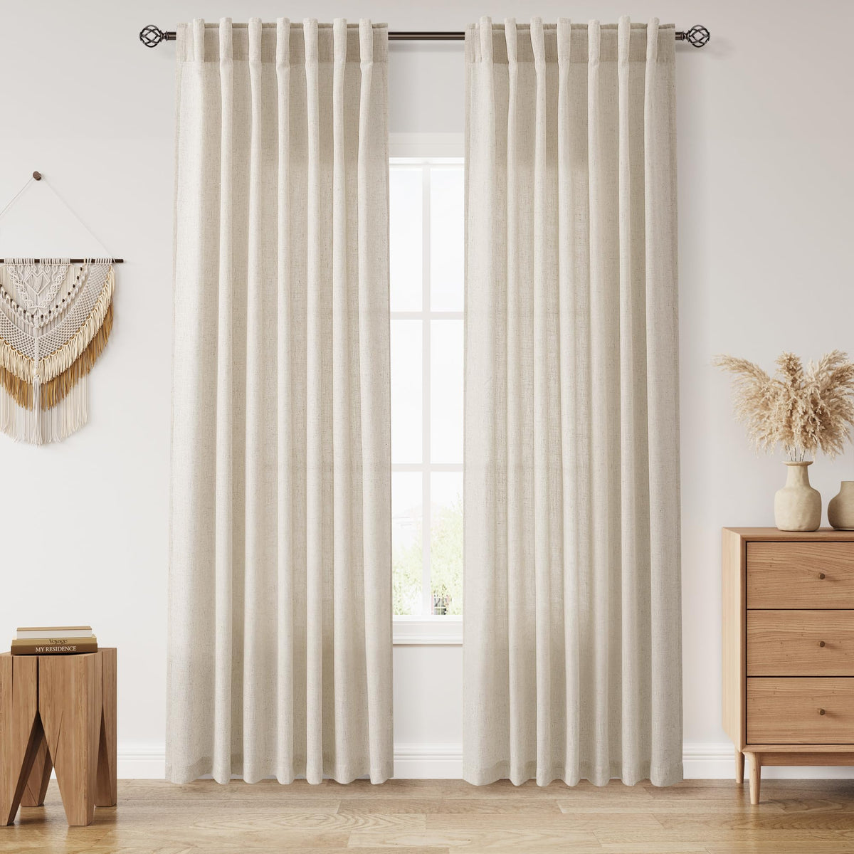 Nanspring Boho Linen Curtains with back tab offer elegant pleats for versatile hanging.