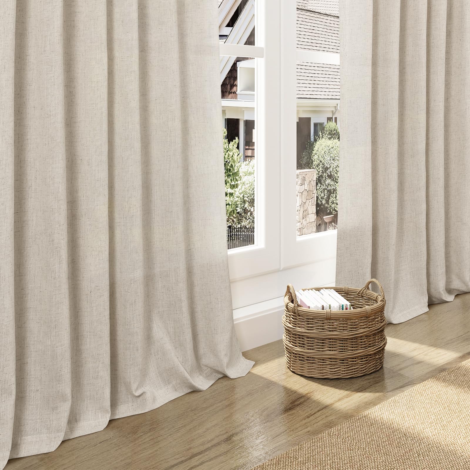 Nanspring neutral linen shade creates a timeless, airy backdrop for any room.