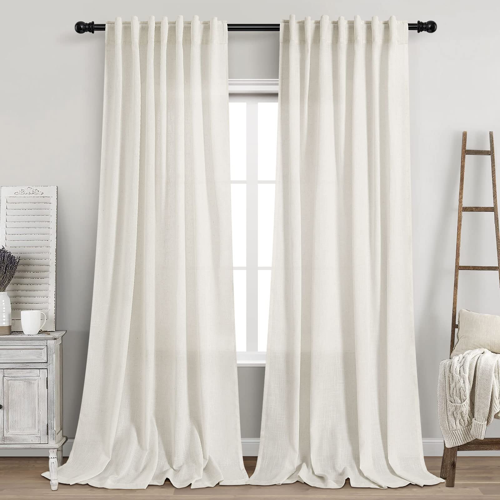 Nanspring cream linen curtains 52x102 back tab view for elegant hanging options.