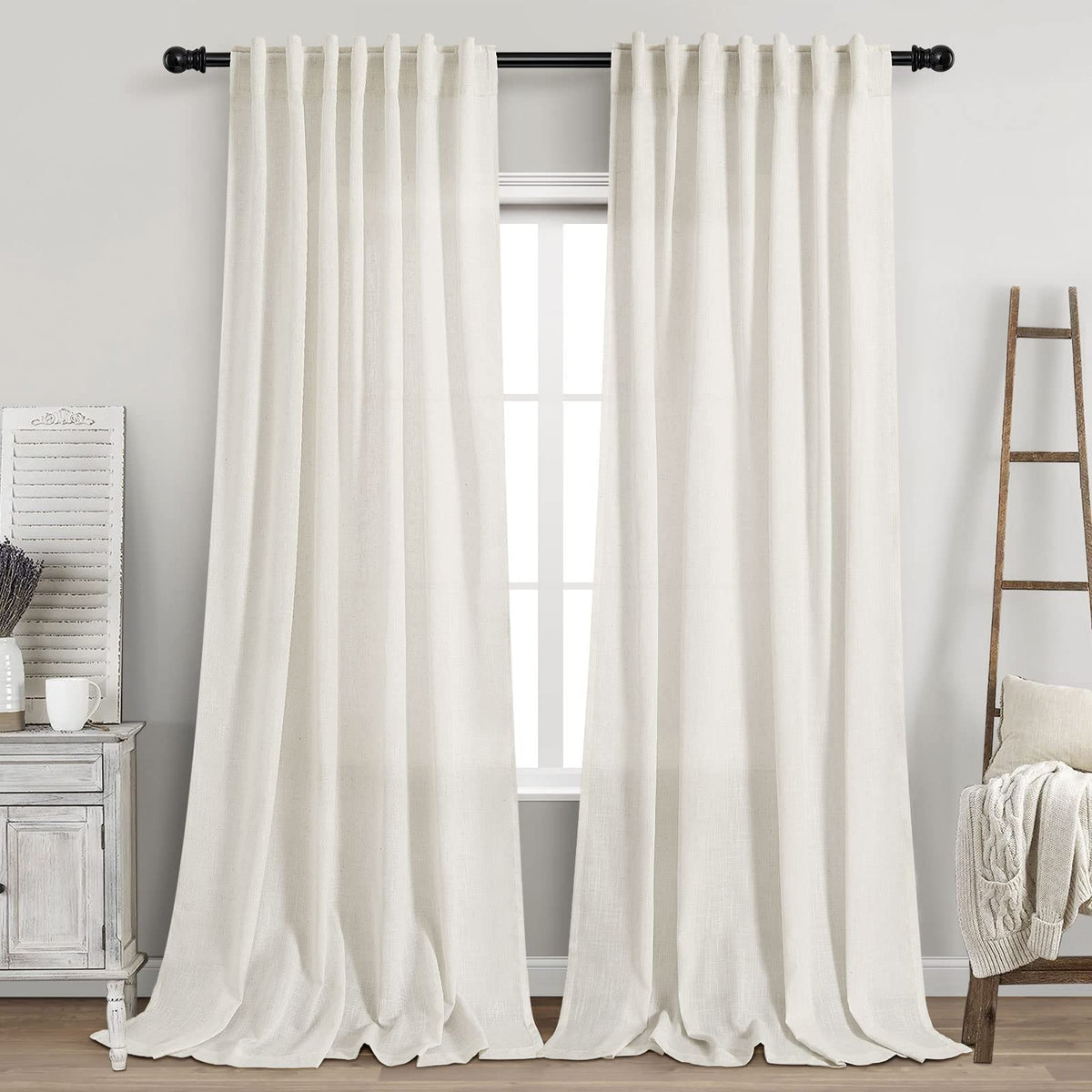 Nanspring cream linen curtains 52x102 back tab view for elegant hanging options.