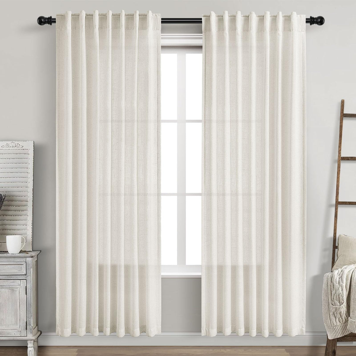 Nanspring Cream Linen Curtains 52x80 back-tab hanging option for elegant drape and light diffusion.