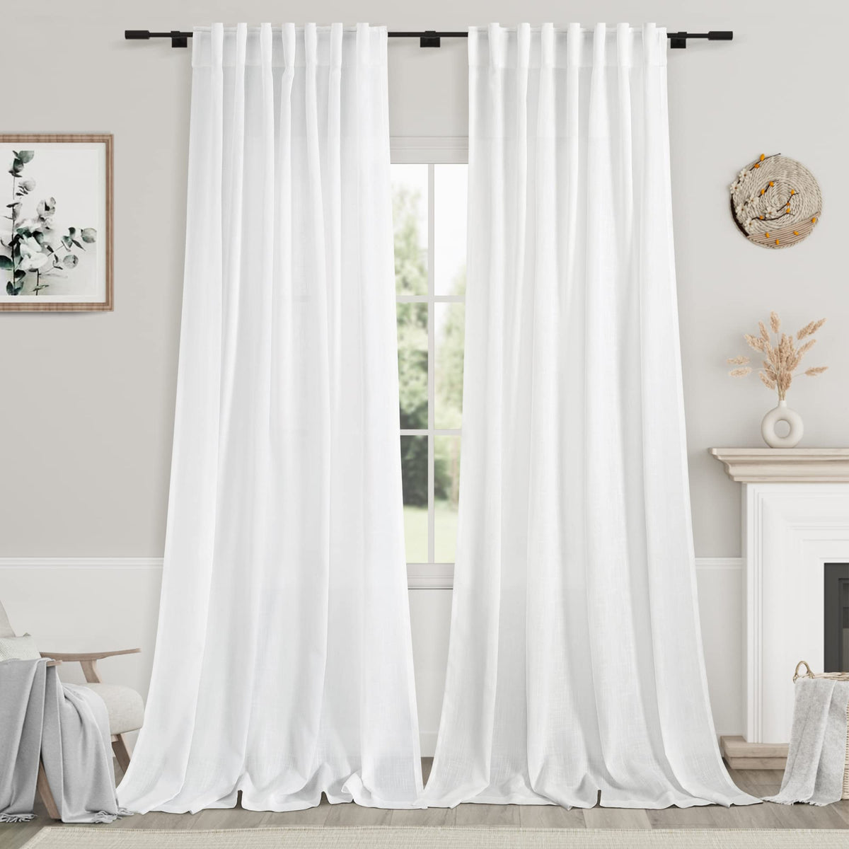 Nanspring extra-long white curtain back-tab close-up showing refined drape and texture for elegant rooms