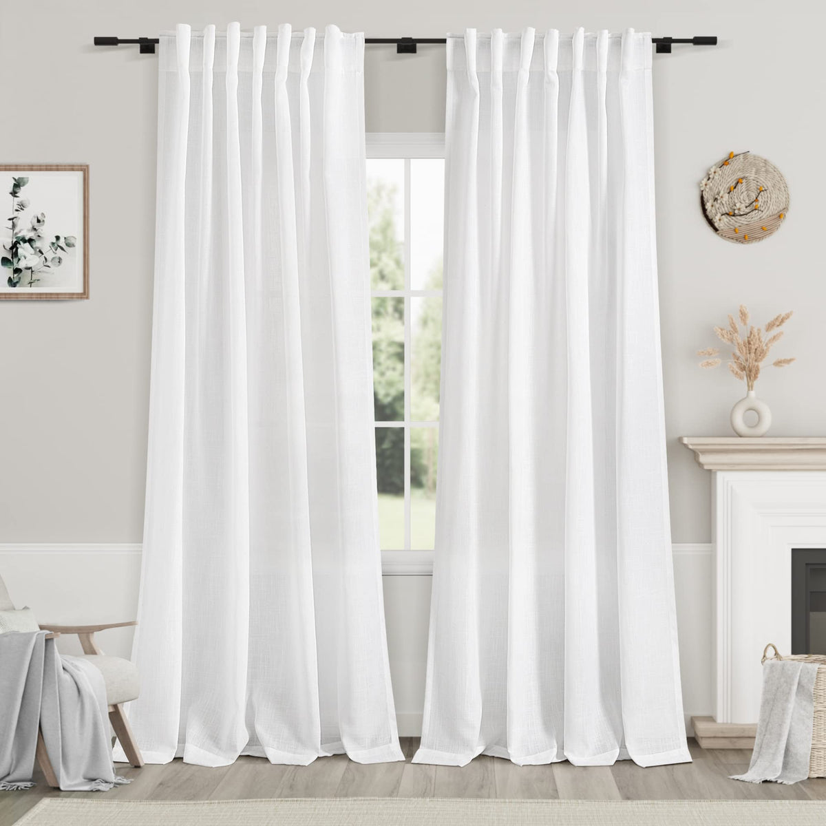 Nanspring white semi-sheer linen curtains two-panel package ready to hang for soft natural light