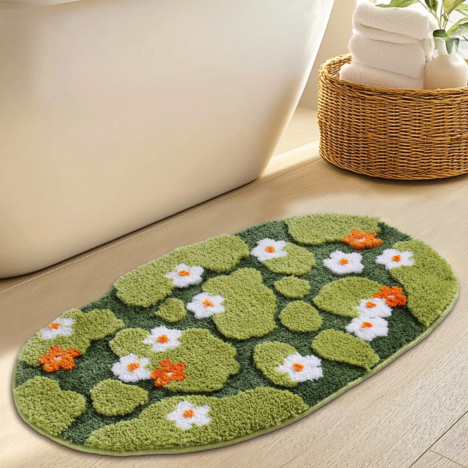 Naoloture green floral moss bath rug with 3D pattern; absorbs moisture for a cozy bathroom.