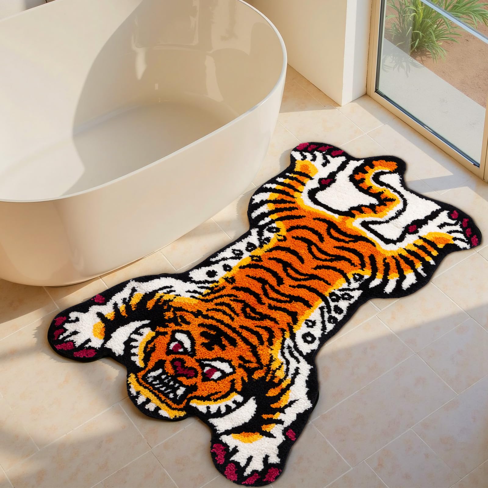 Naoloture orange Tibetan tiger bath mat front view with plush, bold decor.