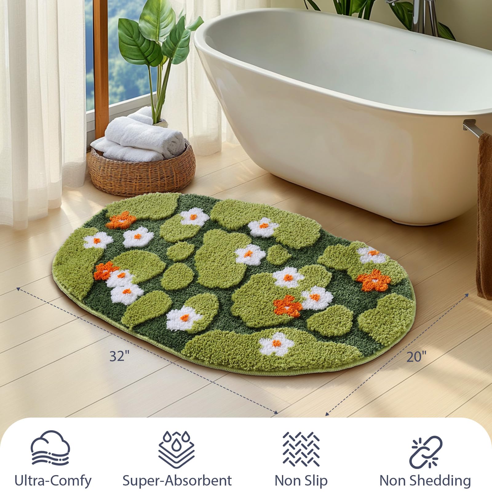 Naoloture ultra thick soft moss bath mat; plush microfiber feels gentle on tired feet.
