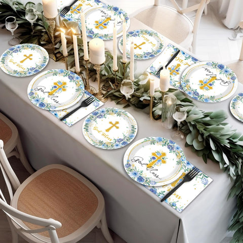 Naozinebi blue floral dinnerware adds elegant christening décor.