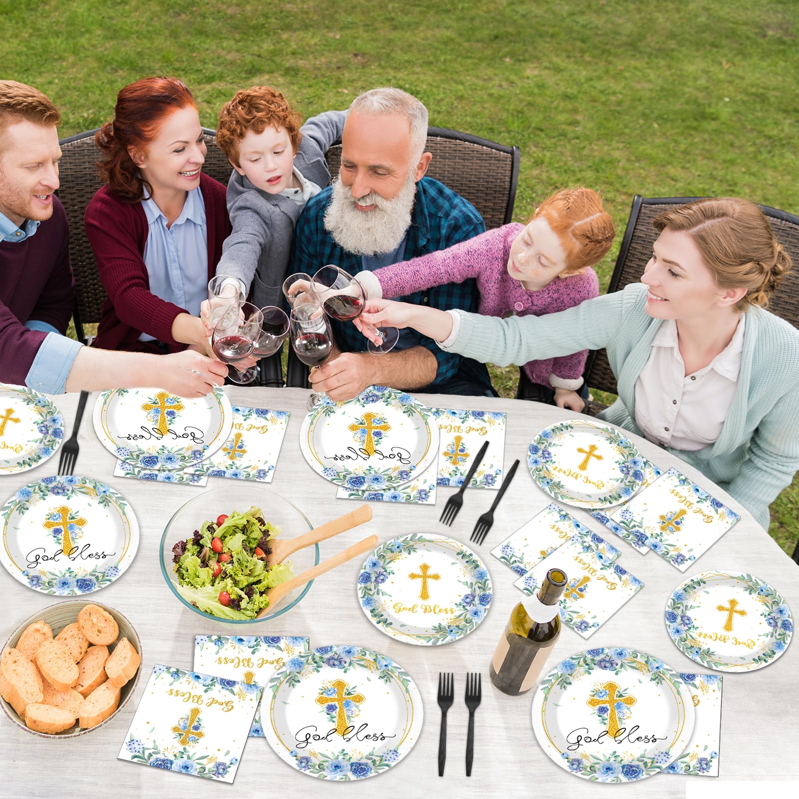 Naozinebi christening table setting with blue florals pairs with plates.