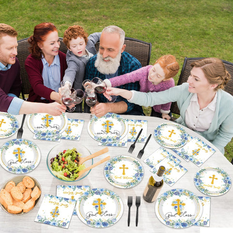 Naozinebi christening table setting with blue florals pairs with plates.