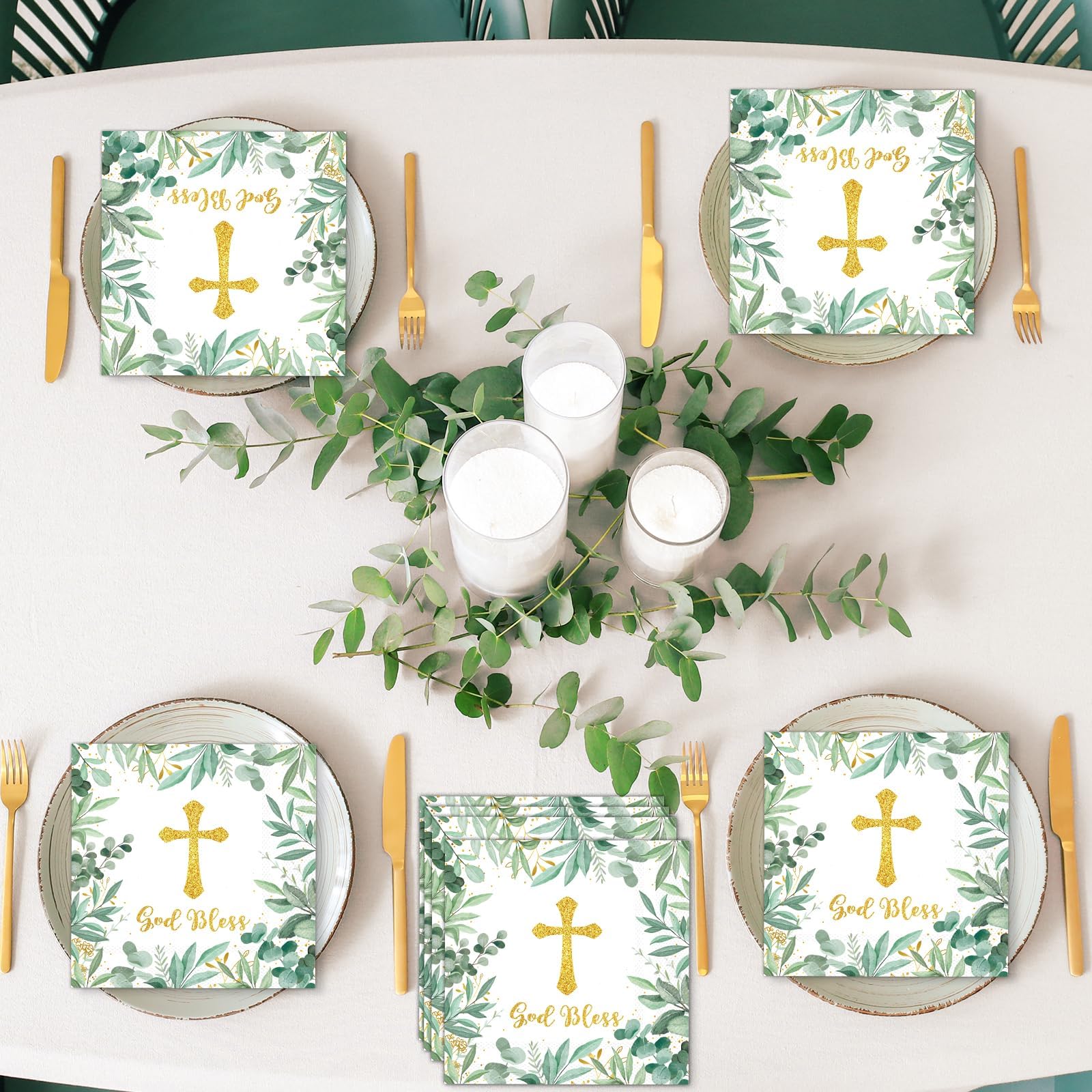 Naozinebi cross and leaves design enhances decor for baby showers and christenings.