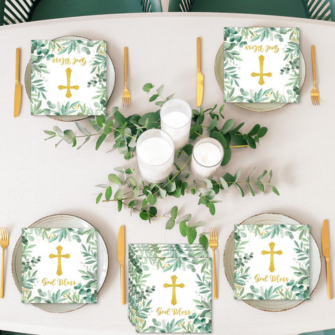 Naozinebi cross and leaves design enhances decor for baby showers and christenings.