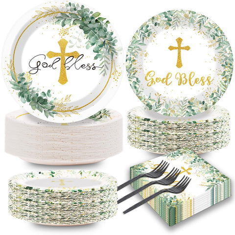 Naozinebi God Bless Baptism 9in plates brighten the table for sacred celebrations.