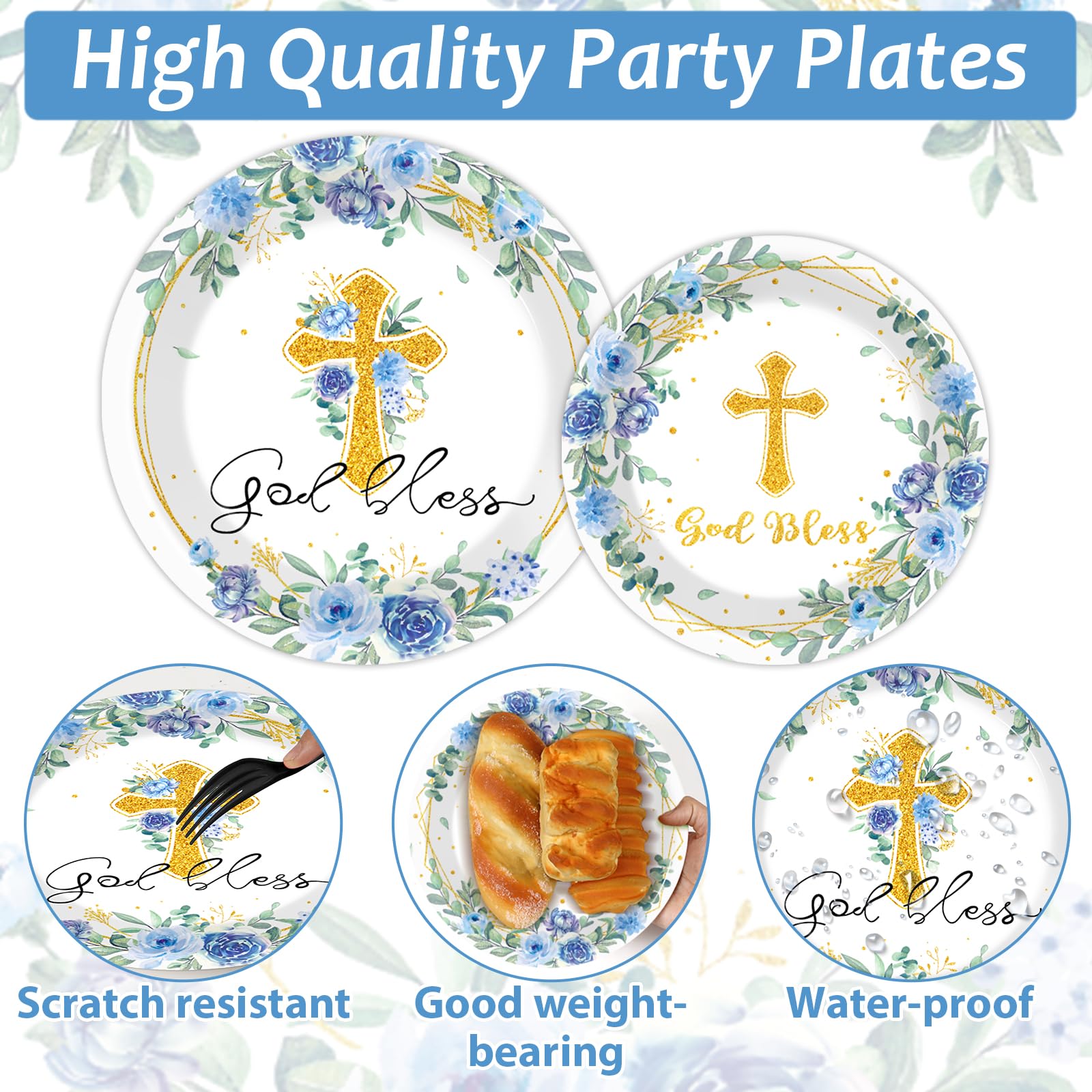 Naozinebi God Bless blue napkins coordinate the theme and speed cleanup.