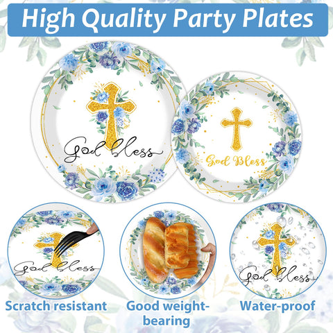 Naozinebi God Bless blue napkins coordinate the theme and speed cleanup.