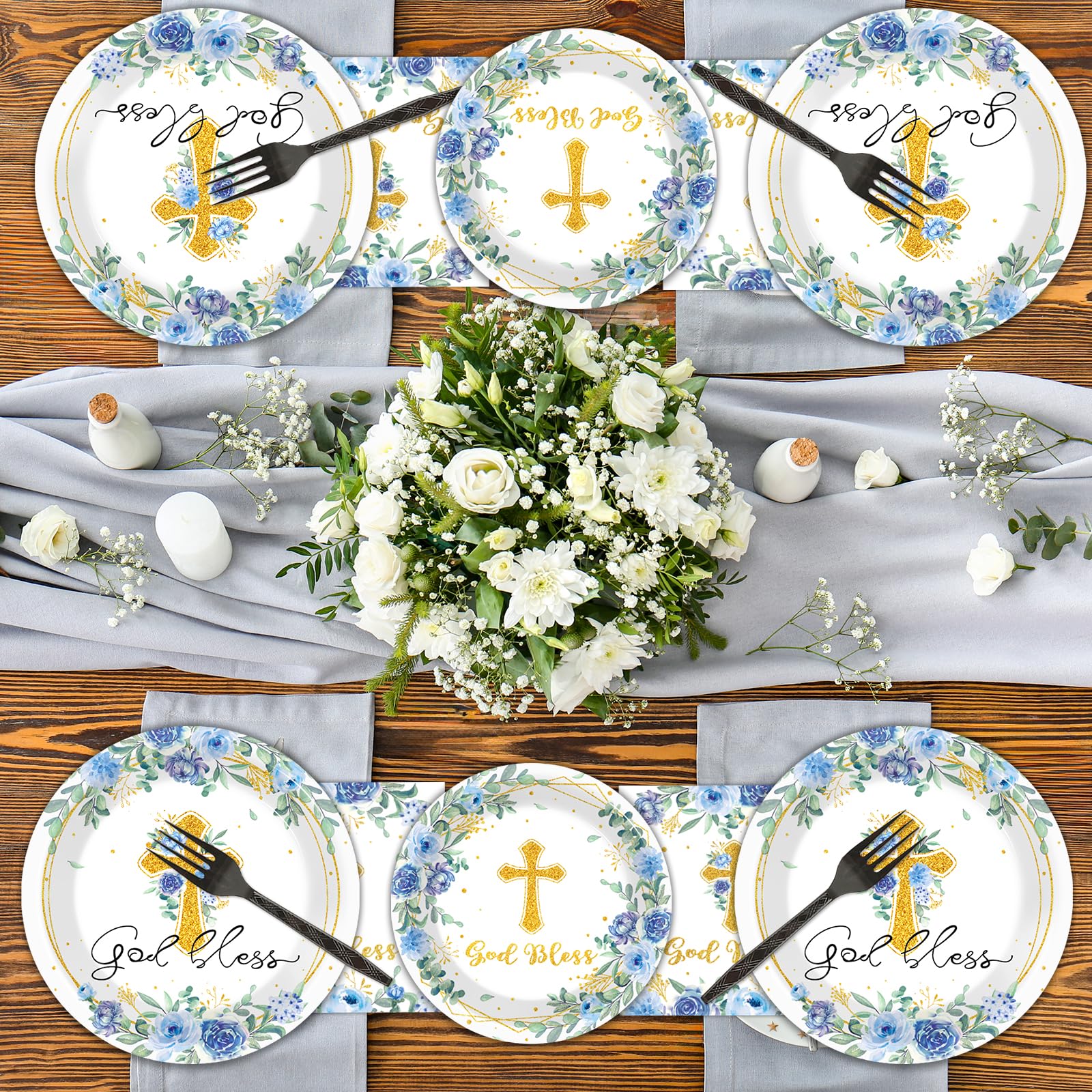 Naozinebi gold cross floral design enhances table decor.