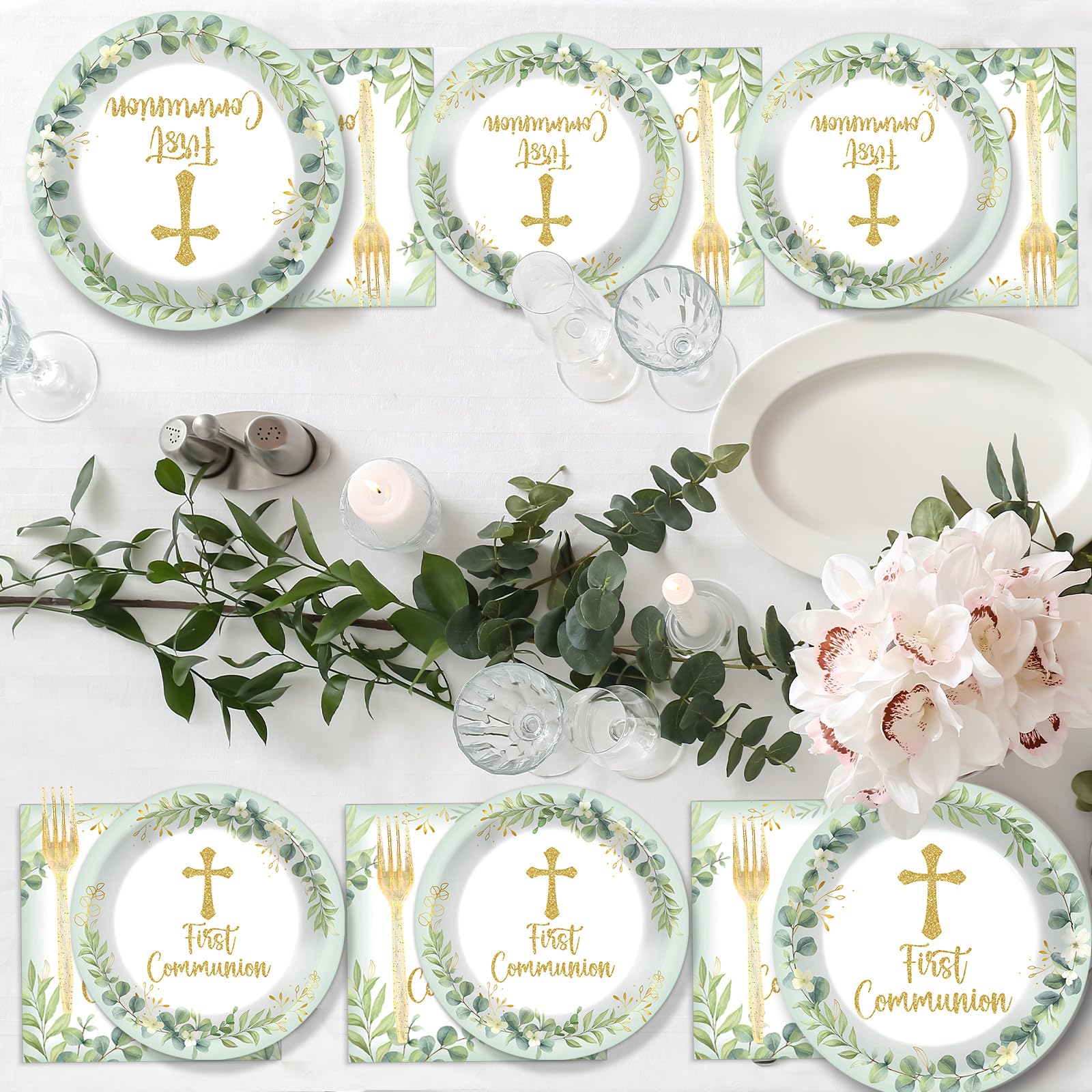 Naozinebi green tableware for christening and baby shower celebrations.