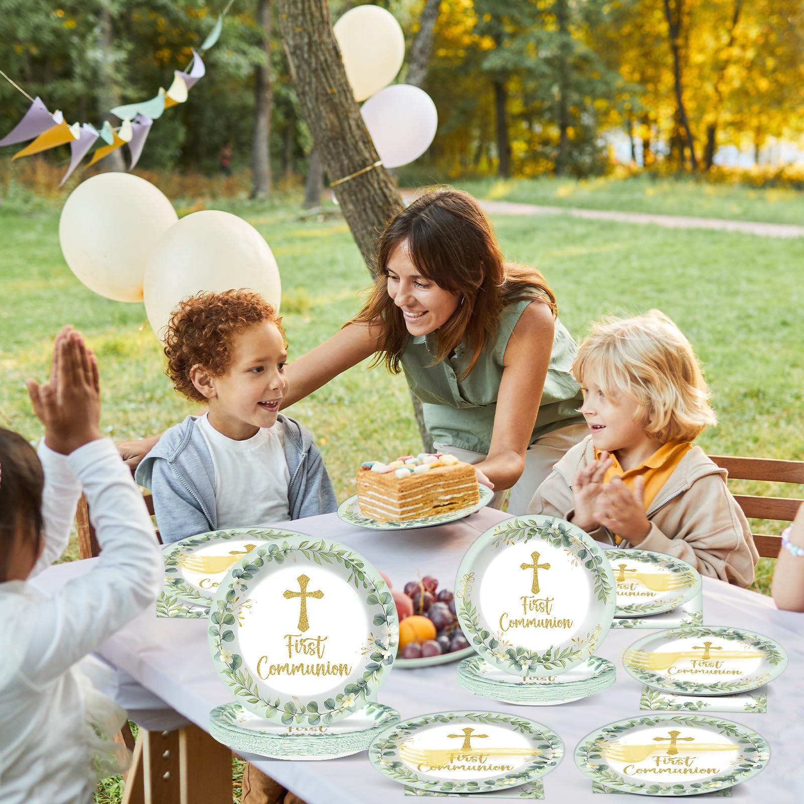 Naozinebi table decor scene showing cohesive green theme for baptisms.